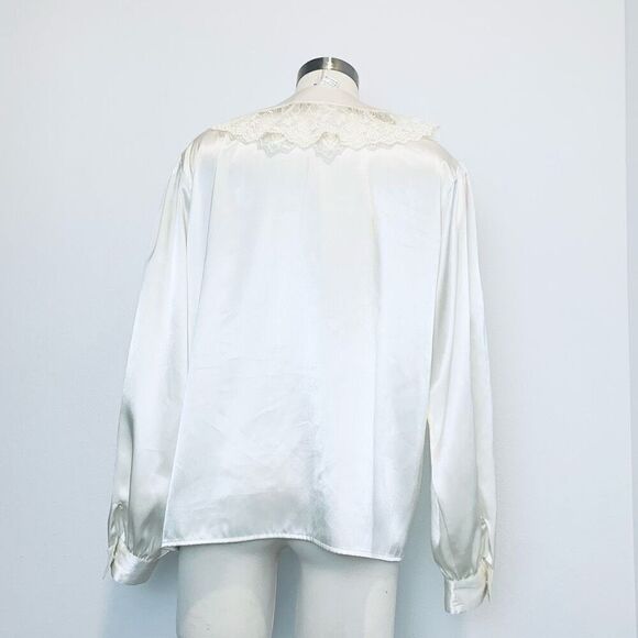 Vintage 80s Notations Cottage Satin Ivory Button Large Collared Blouse L - Picture 4 of 7
